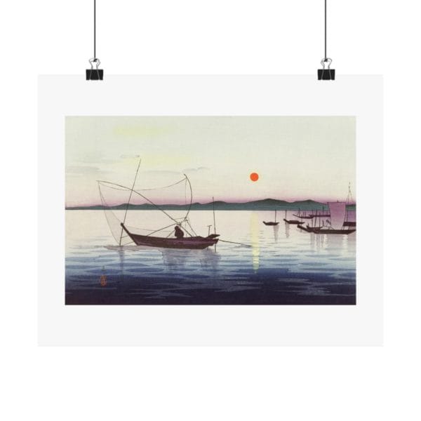 Ohara Koson Print – Boats and Setting Sun Horizontal #001 (public domain reproduction)