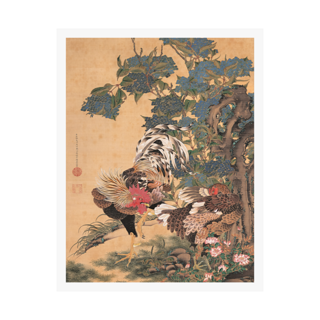 Ito Jakuchu rooster and hen Japanese woodblock style painting print