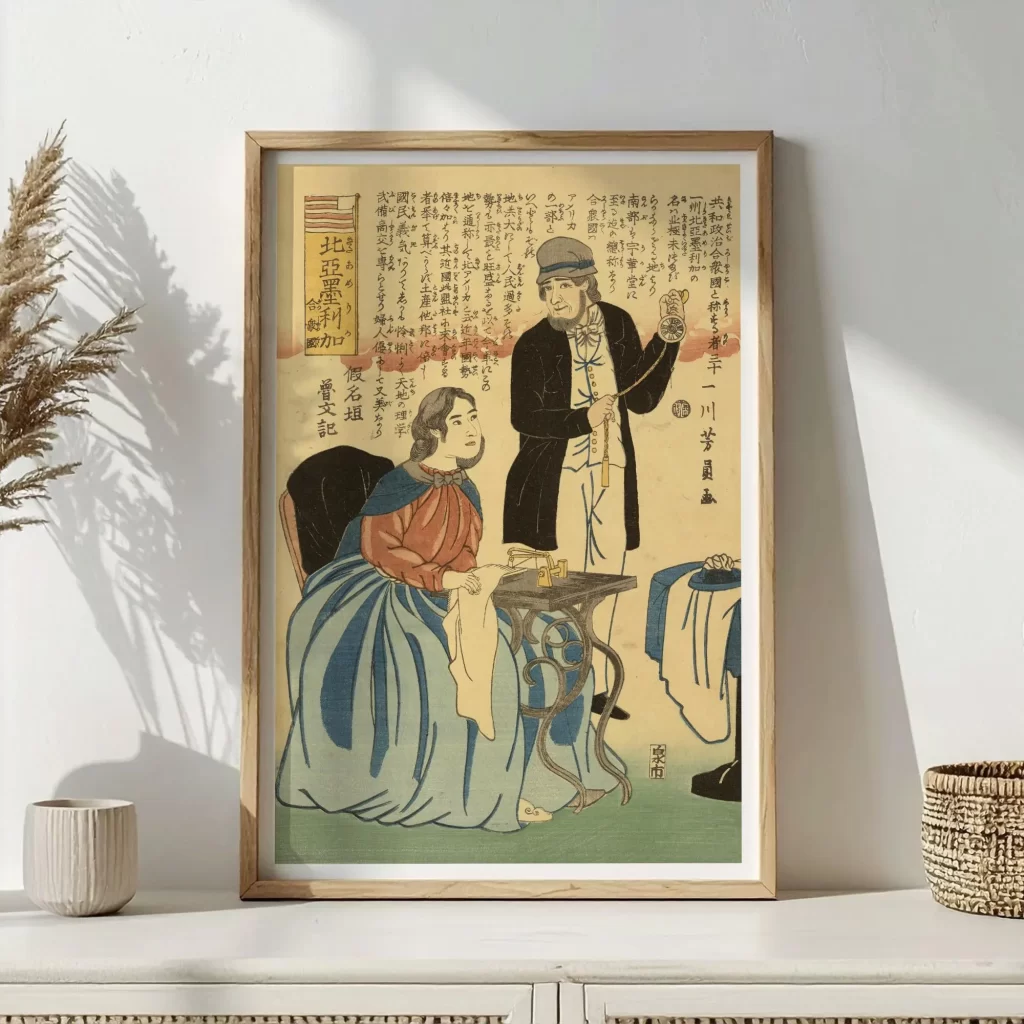Japanese vintage art print above wooden cabinet decor