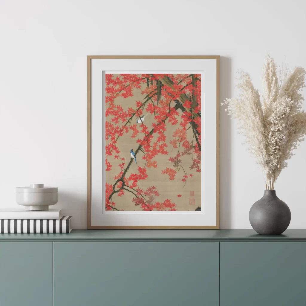 Japanese vintage art print above wooden cabinet decor