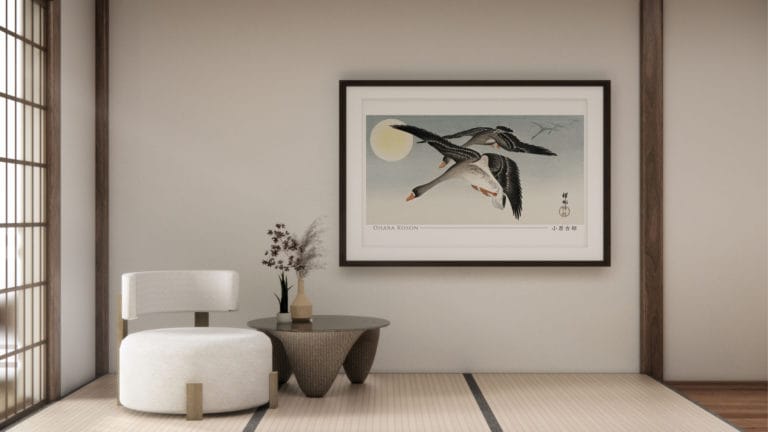 Japanese woodblock print framed wall art in calm modern interior