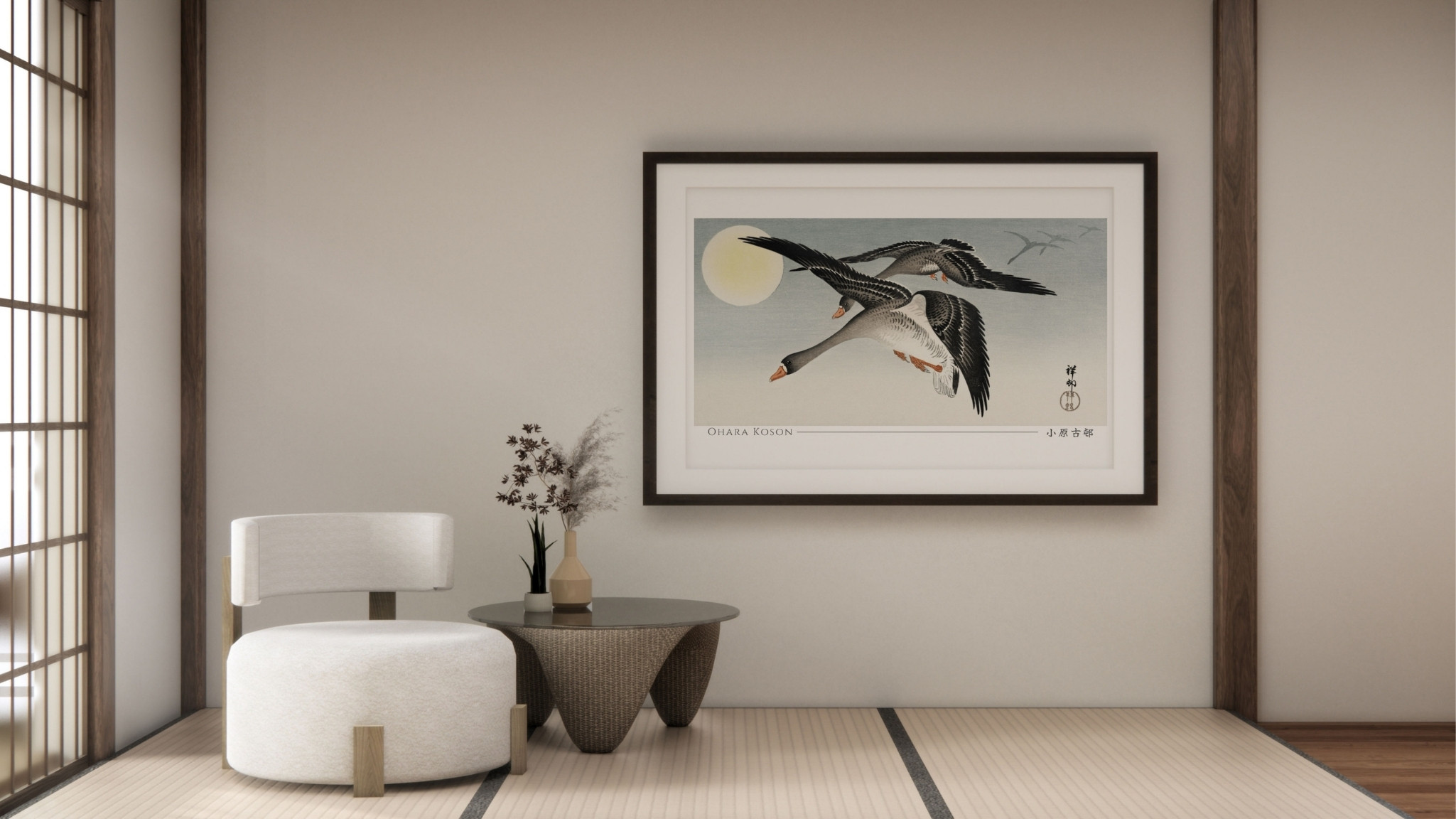 Japanese woodblock print framed wall art in calm modern interior